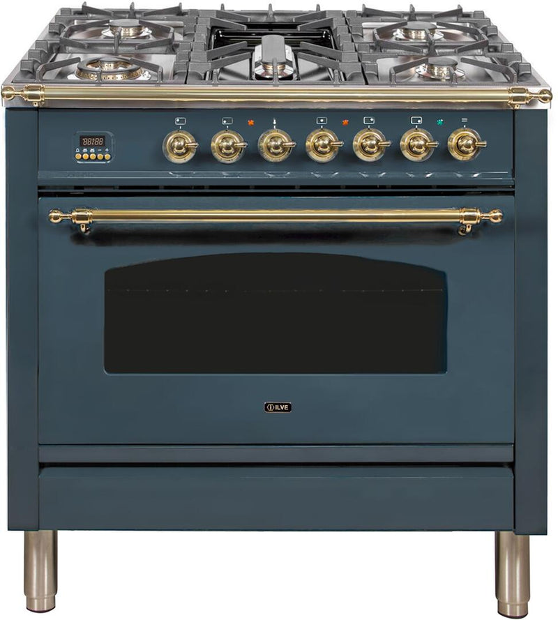 ILVE 36 in. Nostalgie Series Propane Gas Burner and Electric Oven Range in Blue Grey with Brass Trim, UPN90FDMPGULP