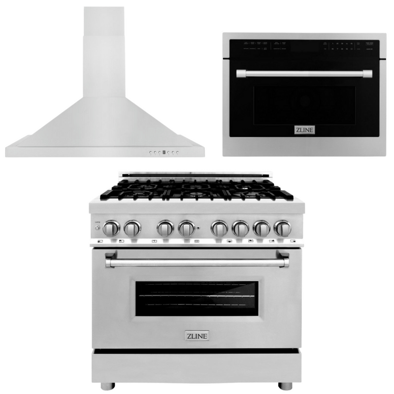 ZLINE Appliance Package - 36 In. Dual Fuel Range, Range Hood, Microwave Oven in Stainless Steel, 3KP-RARHMWO-36