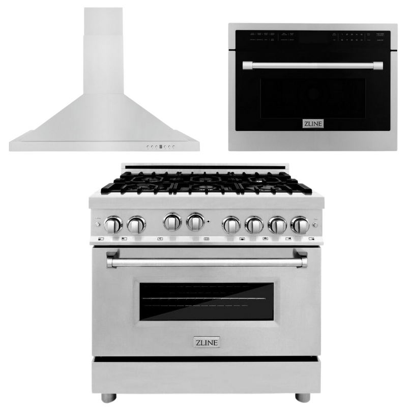 ZLINE Appliance Package - 36 In. Gas Range, Range Hood, Microwave Oven in Stainless Steel, 3KP-RGRHMWO-36