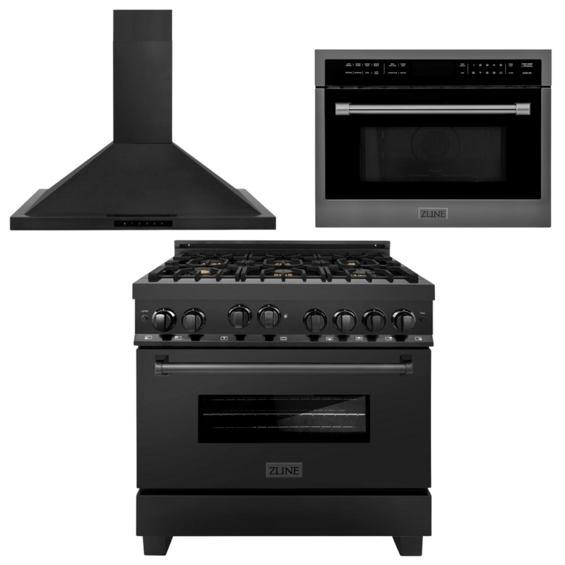 ZLINE Appliance Package - 36 In. Gas Range with Brass Burners, Range Hood, Microwave Oven in Black Stainless Steel, 3KP-RGBRHMWO-36