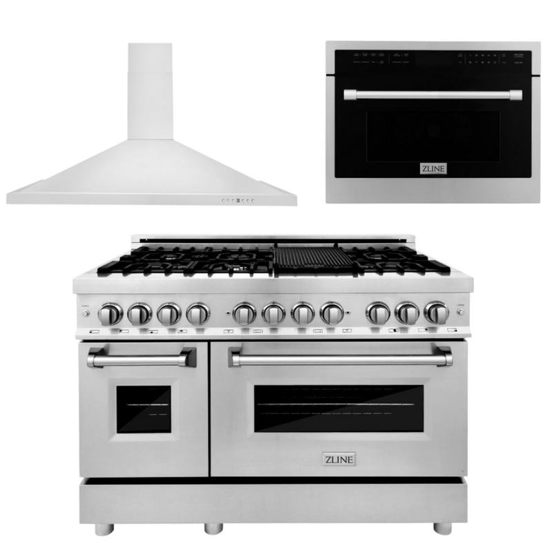 ZLINE Appliance Package - 48 In. Dual Fuel Range, Range Hood, Microwave Oven in Stainless Steel, 3KP-RARHMWO-48