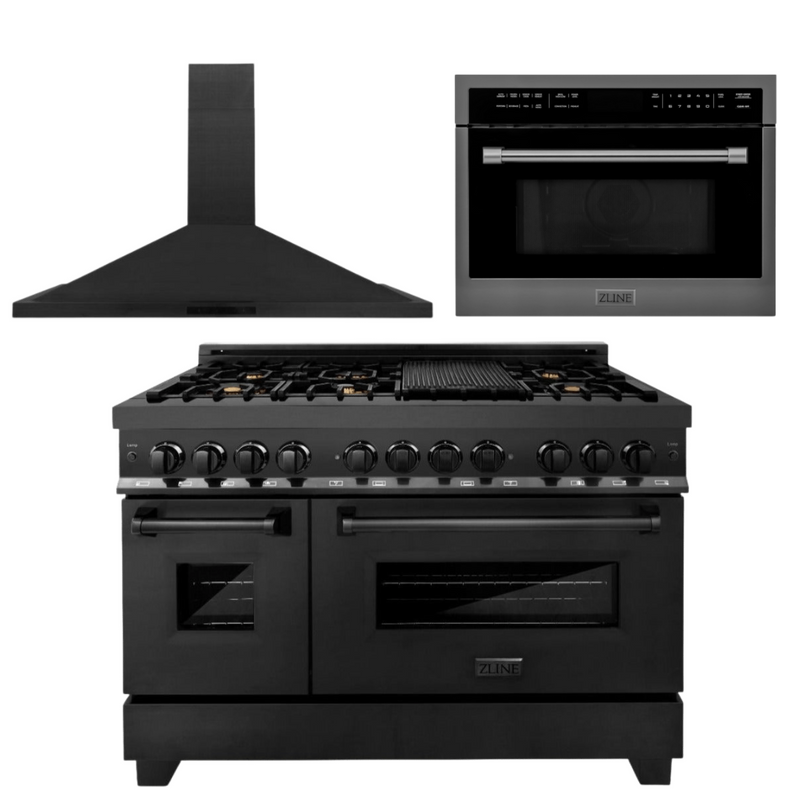 ZLINE Appliance Package - 48 In. Dual Fuel Range with Brass Burners, Microwave Oven, Range Hood in Black Stainless Steel, 3KP-RABRHMWO-48