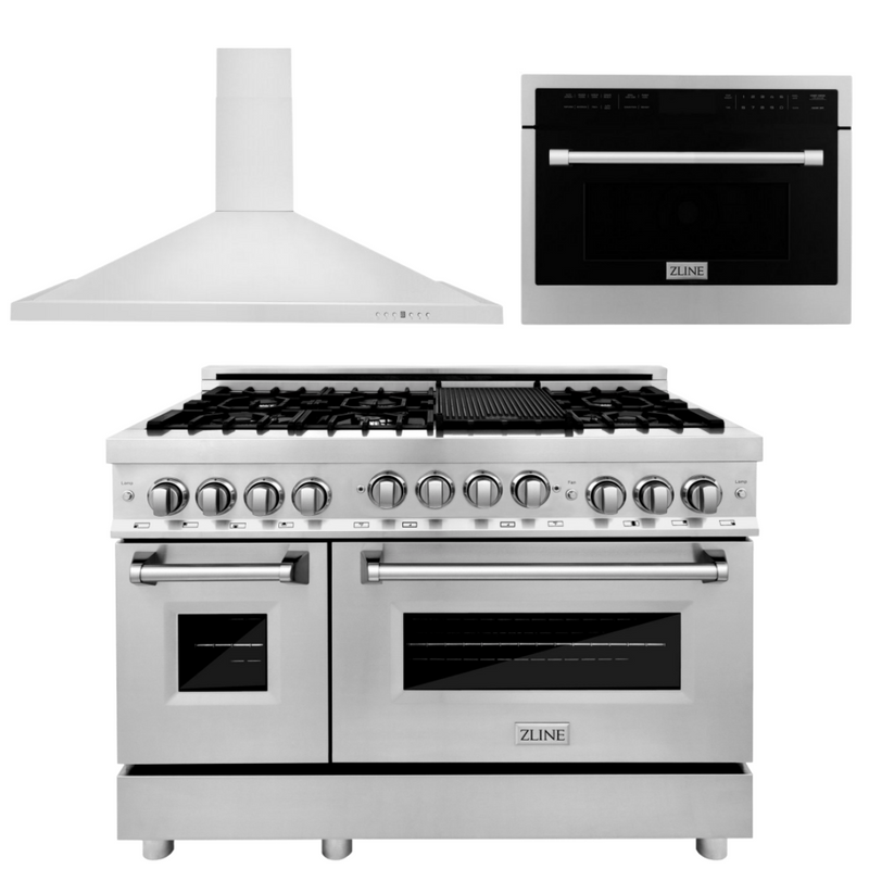 ZLINE Appliance Package - 48 In. Gas Range, Range Hood, Microwave Oven in Stainless Steel, 3KP-RGRHMWO-48