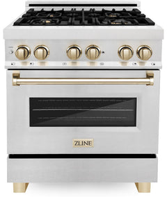 ZLINE 30 Inch Autograph Edition Dual Fuel Range in DuraSnow® Stainless Steel with Champagne Bronze Accents, RASZ-SN-30-CB