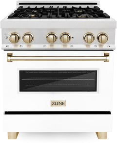 ZLINE 30 Inch Autograph Edition Dual Fuel Range in DuraSnow® Stainless Steel with White Matte Door and Champagne Bronze Accents, RASZ-WM-30-CB