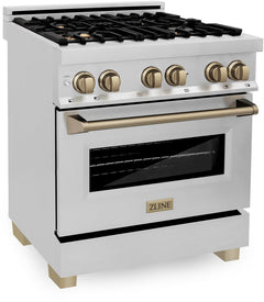 ZLINE 30 Inch Autograph Edition Dual Fuel Range in Stainless Steel with Champagne Bronze Accents, RAZ-30-CB