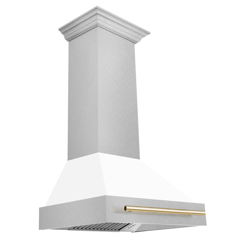 ZLINE 30 Inch Autograph Edition DuraSnow® Range Hood with White Matte Shell and Gold Handle, 8654SNZ-WM30-G