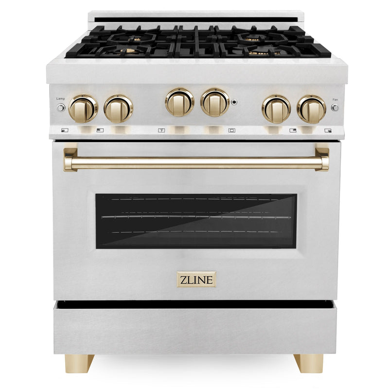 ZLINE 30 Inch Autograph Edition Gas Range in DuraSnow® Stainless Steel with Gold Accents, RGSZ-SN-30-G