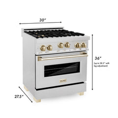 ZLINE 30 Inch Autograph Edition Gas Range in DuraSnow® Stainless Steel with Gold Accents, RGSZ-SN-30-G