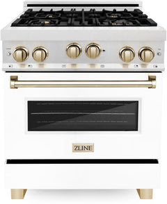 ZLINE 30 Inch Autograph Edition Gas Range in DuraSnow® Stainless Steel with White Matte Door and Champagne Bronze Accents, RGSZ-WM-30-CB