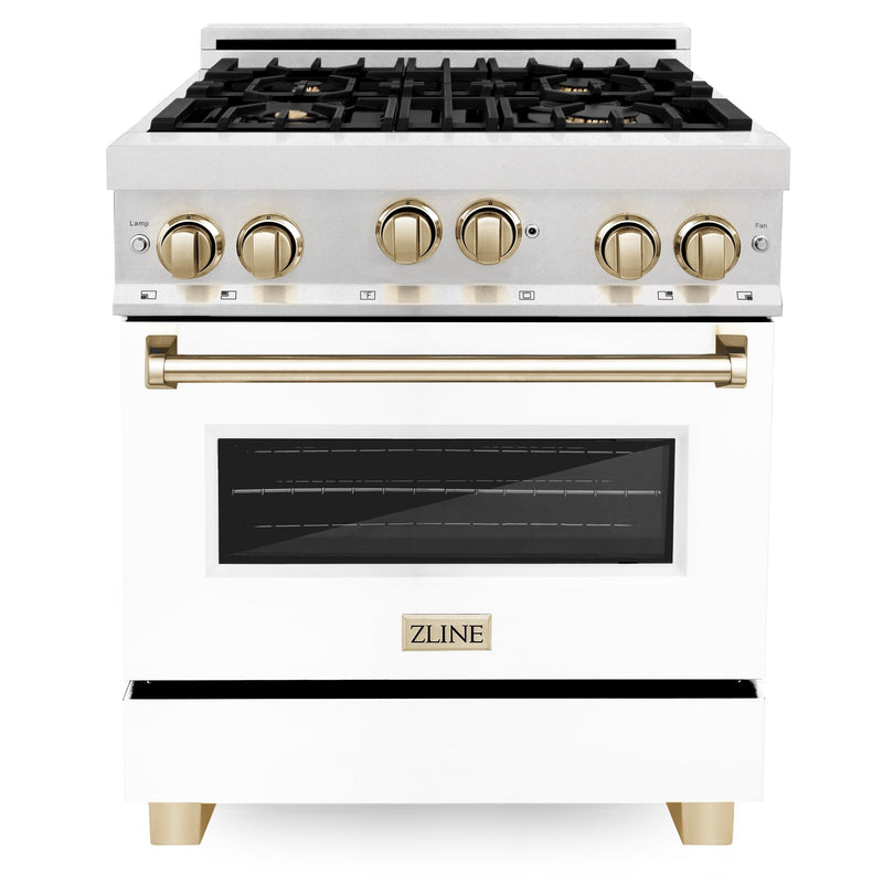 ZLINE 30 Inch Autograph Edition Gas Range in DuraSnow® Stainless Steel with White Matte Door and Gold Accents, RGSZ-WM-30-G