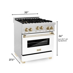 ZLINE 30 Inch Autograph Edition Gas Range in DuraSnow® Stainless Steel with White Matte Door and Gold Accents, RGSZ-WM-30-G