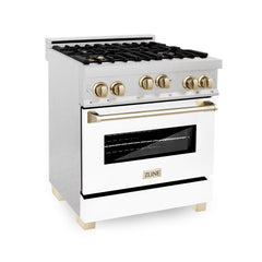 ZLINE 30 Inch Autograph Edition Gas Range in DuraSnow® Stainless Steel with White Matte Door and Gold Accents, RGSZ-WM-30-G