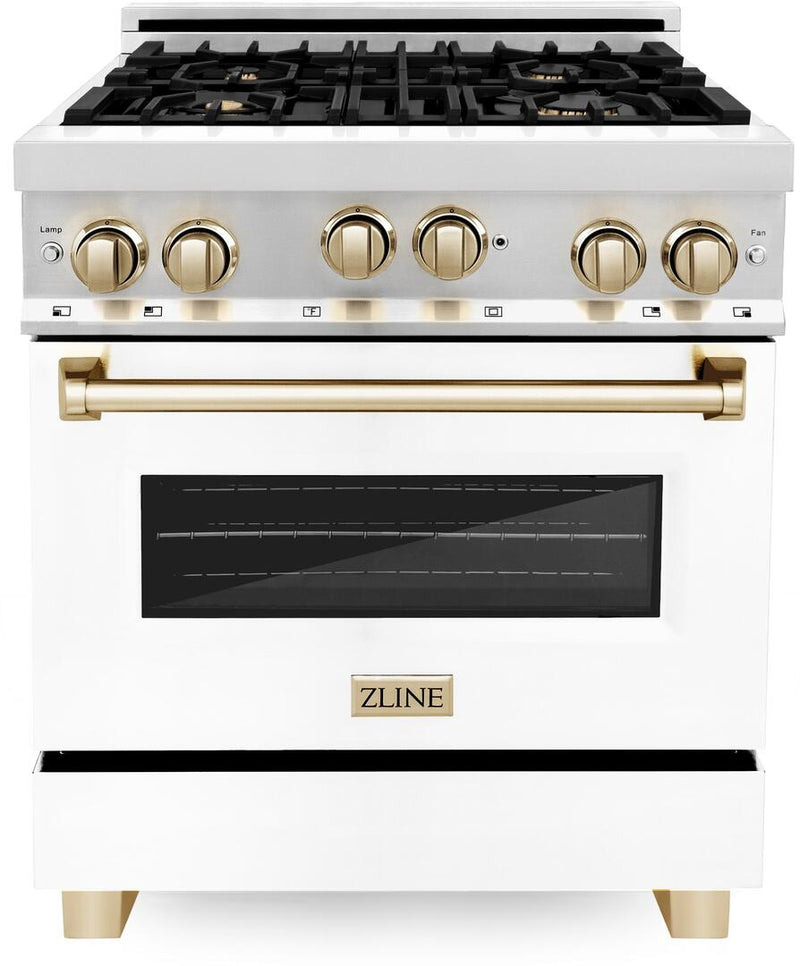 ZLINE 30 Inch Autograph Edition Gas Range in Stainless Steel with White Matte Door and Champagne Bronze Accents, RGZ-WM-30-CB