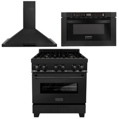 ZLINE 30 in. Kitchen Package with Black Stainless Steel Dual Fuel Range, Convertible Vent Range Hood and Microwave Drawer, 3KP-RABRH30-MW