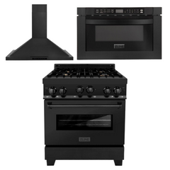 ZLINE 30 in. Kitchen Package with Black Stainless Steel Gas Range, Convertible Vent Range Hood and Microwave Drawer, 3KP-RGBRH30-MW