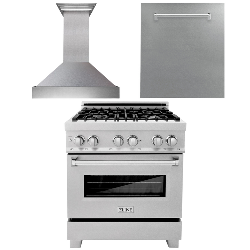 ZLINE 30 in. Kitchen Package with DuraSnow® Stainless Dual Fuel Range, Ducted Vent Range Hood and Dishwasher, 3KP-RASRH30-DW