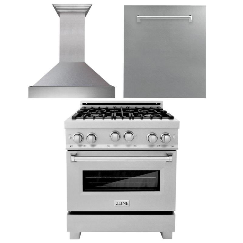 ZLINE 30 in. Kitchen Package with DuraSnow® Stainless Steel Gas Range, Ducted Range Hood and Dishwasher, 3KP-RGSRH30-DW