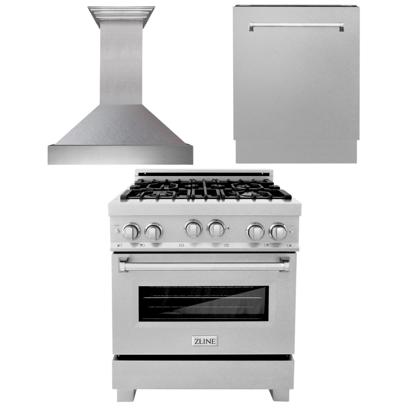 ZLINE 30 in. Kitchen Package with DuraSnow® Stainless Steel Gas Range, Ducted Range Hood and Tall Tub Dishwasher, 3KP-RGSRH30-DWV