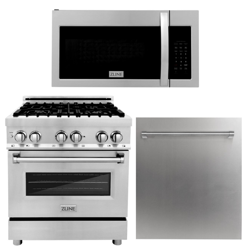 ZLINE 30 in. Kitchen Package with Stainless Steel Dual Fuel Range, Modern Over The Range Microwave and Dishwasher, 3KP-RAOTR30-DW