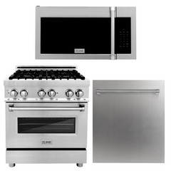 ZLINE 30 in. Kitchen Package with Stainless Steel Dual Fuel Range, Traditional Over The Range Microwave and Dishwasher, 3KP-RAOTRH30-DW