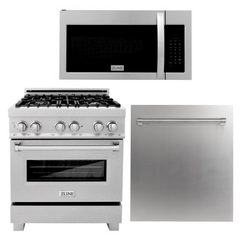 ZLINE 30 in. Kitchen Package with Stainless Steel Gas Range, Modern Over The Range Microwave and Dishwasher, 3KP-RGOTR30-DW