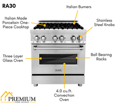 ZLINE Appliance Package - 30 in. Dual Fuel Range, Over-the-Range Microwave, Refrigerator, 3KPR-RAOTRH30