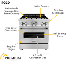 ZLINE Appliance Package - 30 in. Gas Range, 30 in. Range Hood, Microwave Drawer, 3 Rack Dishwasher, Refrigerator, 5KPR-RGRH30-MWDWV