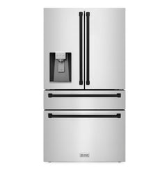 ZLINE 36 In. Autograph French Door Refrigerator with Water and Ice Dispenser in Fingerprint Resistant Stainless Steel with Matte Black Accents, RFMZ-W-36-MB