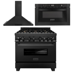 ZLINE 36 in. Kitchen Package with Black Stainless Steel Dual Fuel Range, Convertible Vent Range Hood and Microwave Drawer, 3KP-RABRH36-MW