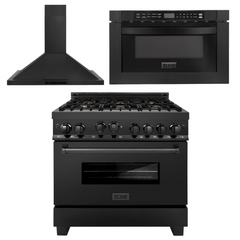 ZLINE 36 in. Kitchen Package with Black Stainless Steel Gas Range, Convertible Vent Range Hood and Microwave Drawer, 3KP-RGBRH36-MW