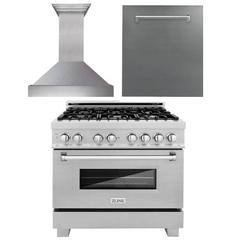 ZLINE 36 in. Kitchen Package with DuraSnow® Stainless Dual Fuel Range, Ducted Vent Range Hood and Dishwasher, 3KP-RASRH36-DW