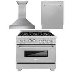 ZLINE 36 in. Kitchen Package with DuraSnow® Stainless Steel Gas Range, Ducted Range Hood and Dishwasher, 3KP-RGSRH36-DWV
