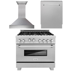 ZLINE 36 in. Kitchen Package with DuraSnow® Stainless Steel Gas Range, Ducted Range Hood and Dishwasher, 3KP-RGSRH36-DW