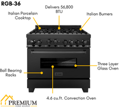 ZLINE Appliance Package - 36 in. Gas Range, Range Hood, Microwave Oven, Dishwasher - Black Stainless Steel, 4KP-RGBRH36-MODW