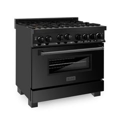 ZLINE Appliance Package - 36 In. Gas Range, Range Hood, Microwave and Dishwasher in Black Stainless Steel, 4KP-RGBRH36-MWDWV