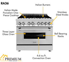 ZLINE Appliance Package - 36 In. Dual Fuel Range, Range Hood, Microwave Oven in Stainless Steel, 3KP-RARHMWO-36