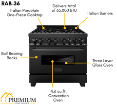 ZLINE Appliance Package - 36 in. Dual Fuel Range, Range Hood, Microwave Oven in Black Stainless Steel, 3KP-RABRH36-MO
