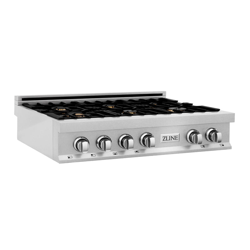 ZLINE 36 in. Rangetop in DuraSnow® Stainless Steel with 6 Gas Brass Burners, RTS-BR-36