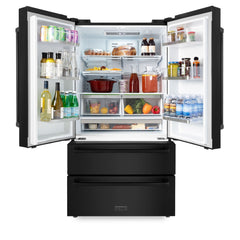 ZLINE Appliance Bundle - 36 in. Dual Fuel Range, Range Hood, Microwave Drawer, Refrigerator in Black Stainless, Bundle-4KPR-RABRH36-MW
