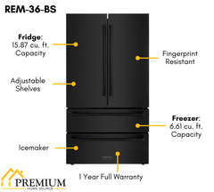 ZLINE 36 inch 22.5 cu. ft. French Door Refrigerator with Ice Maker in Black Stainless Steel, RFM-36-BS