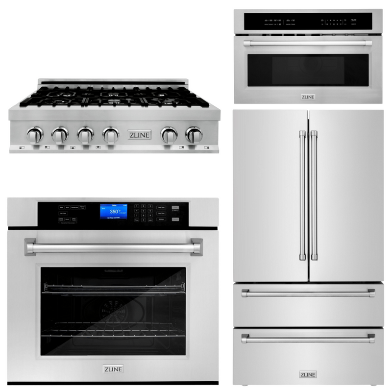 ZLINE Appliance Package - 36 In. Rangetop, 30 In. Wall Oven, Refrigerator and 30 In. Microwave Oven in Stainless Steel, 4KPR-RT36-MWAWS
