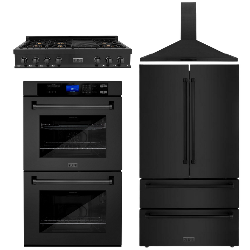 ZLINE 4-Piece Appliance Package - 48 In. Rangetop, Range Hood, Refrigerator, and Double Wall Oven in Black Stainless Steel, 4KPR-RTBRH48-AWD