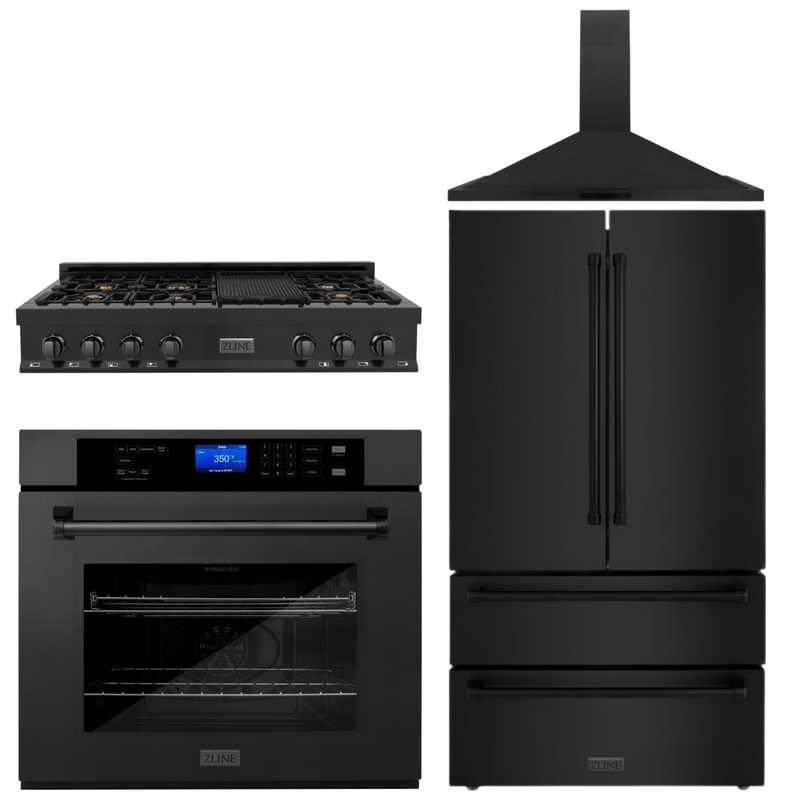 ZLINE 4-Piece Appliance Package - 48 In. Rangetop, Range Hood, Refrigerator, and Wall Oven in Black Stainless Steel, 4KPR-RTBRH48-AWS