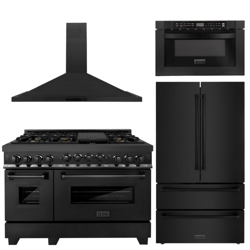 ZLINE Appliance Bundle - 48 In. Gas Range, Refrigerator, Range Hood, Microwave Drawer in Black Stainless Steel, Bundle-4KPR-RGBRH48-MW