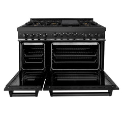 ZLINE Kitchen Appliance Package - 48 In. Gas Range with Brass Burners, Range Hood and Microwave Oven in Black Stainless Steel, 3KP-RGBRHMWO-48