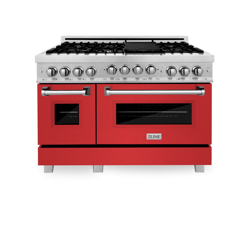 ZLINE 48 In. 6.0 cu. ft. Range with Gas Stove and Gas Oven in DuraSnow® Stainless Steel with Red Matte Doors, RGS-RM-48