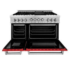 ZLINE 48 In. 6.0 cu. ft. Range with Gas Stove and Gas Oven in DuraSnow® Stainless Steel with Red Matte Doors, RGS-RM-48