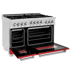 ZLINE 48 In. 6.0 cu. ft. Range with Gas Stove and Gas Oven in DuraSnow® Stainless Steel with Red Matte Doors, RGS-RM-48