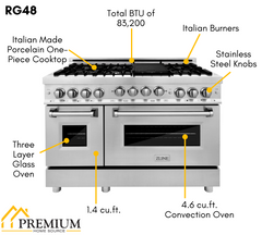 ZLINE Appliance Package - 48 in. Gas Range, Range Hood, Microwave Drawer, 3 Rack Dishwasher, Refrigerator, 5KPR-RGRH48-MWDWV